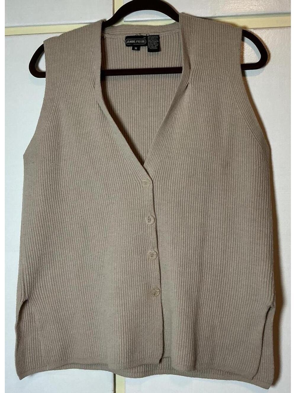 Jeanne Pierre Beige Wool Blend Women's Vest Size Medium Buttons Vintage